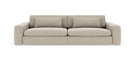 Beige 2-personers sofa med afrundede armlæn og to ryghynder, frilagt på hvid baggrund.