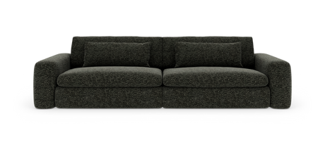 Mørk grøn/grå bouclé-sofa med to sædehynder og to rygpuder, fotograferet forfra på hvid baggrund.