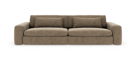 Beige-brun stofsofa med to sædehynder, afrundede armlæn og to aflange rygpuder, fritlagt på hvid baggrund.