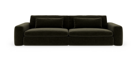 Mørkegrøn, moderne sofa med tykke puder, frilagt på hvid baggrund.
