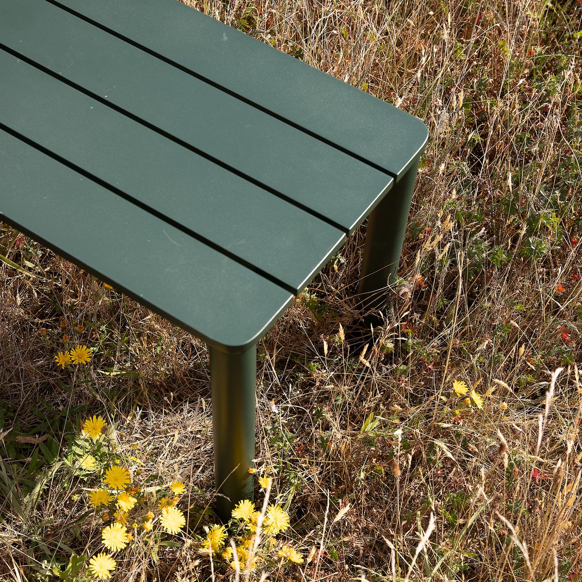 Grøn metalbænk med lameller set fra hjørnet, stående i tørt græs med gule blomster.