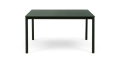 Mørkegrønt firkantet metalbord med lameller i bordpladen og fire runde ben, set lige forfra.