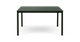 Mørkegrønt firkantet metalbord med lameller i bordpladen og fire runde ben, set lige forfra.