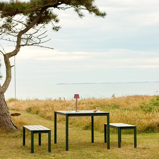 Grønt udendørsbord med to bænke på en eng ved havet; lille rød bærbar bordlampe og glas på bordet, træ med enkel gynge ved siden af.