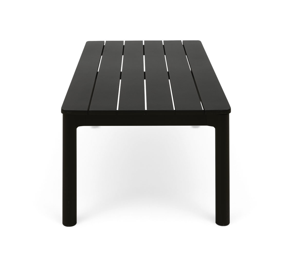 Sort rektangulært bord med lamel-bordplade, frontvisning, isoleret på hvid baggrund.