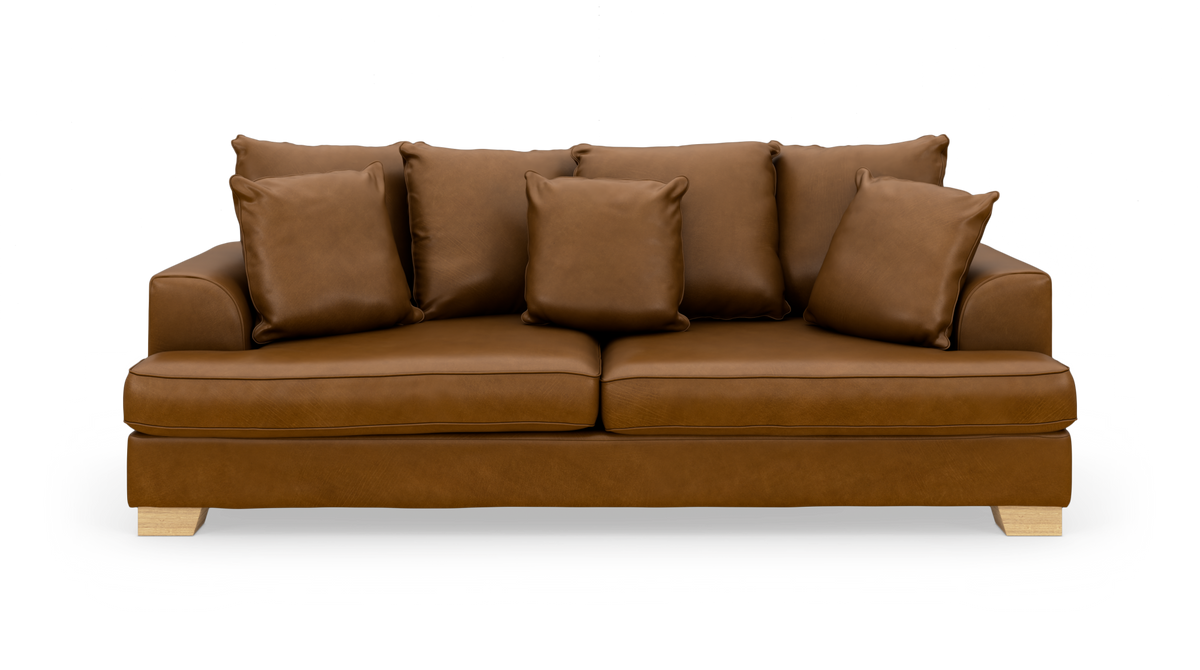 Brun lædersofa med to sædehynder og fem matchende puder, frilagt på hvid baggrund.