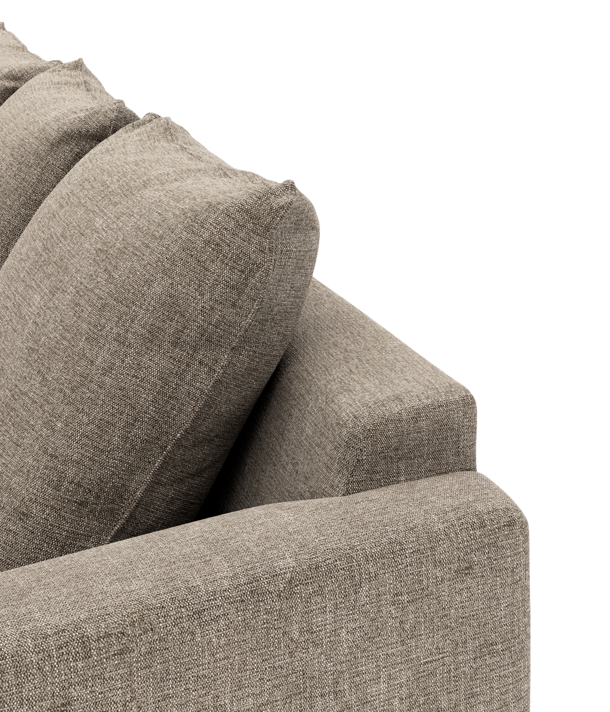 Nærbillede af beige stofsofa med armlæn og to ryghynder.