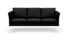 Sort 3-personers sofa med hvide ben, frilagt på hvid baggrund.
