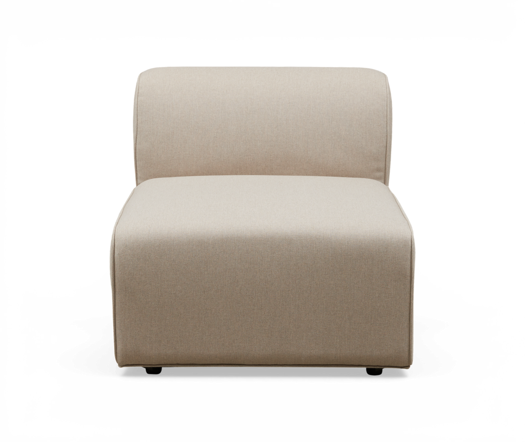 Modulær armløs loungedel i beige stof, frontvisning.