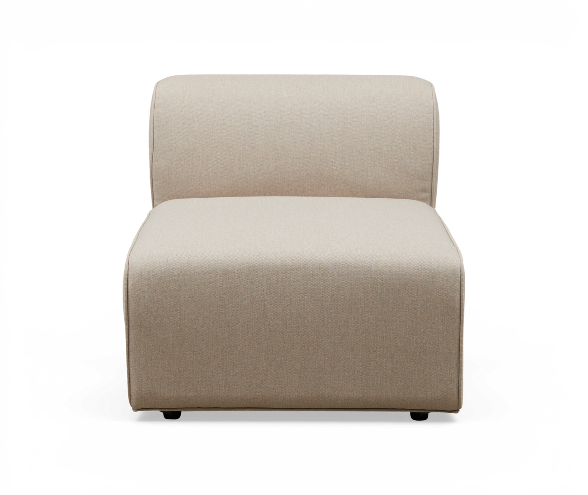 Modulær armløs loungedel i beige stof, frontvisning.