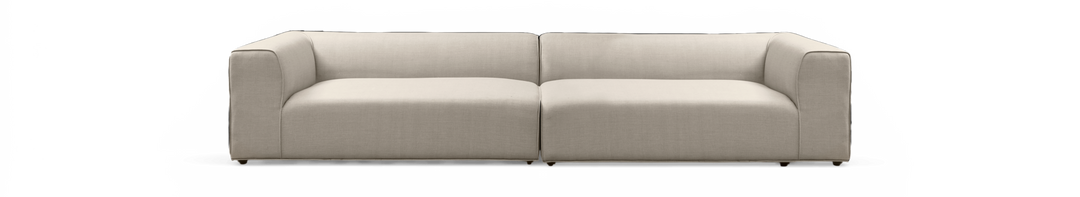 Moderne beige 2-personers sofa med afrundede hjørner, frilagt mod sort baggrund i frontvisning.