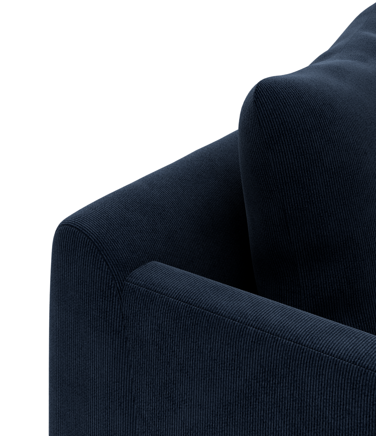Nærbillede af mørkeblå sofa i cordfløjl med arm- og ryglæn set skråt bagfra.