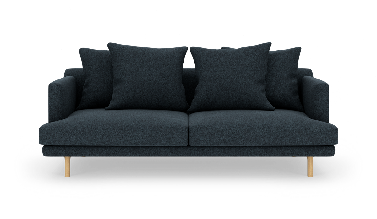 Mørkeblå 2‑personers sofa med fire store ryghynder og lyse træben, frontvisning på hvid baggrund.