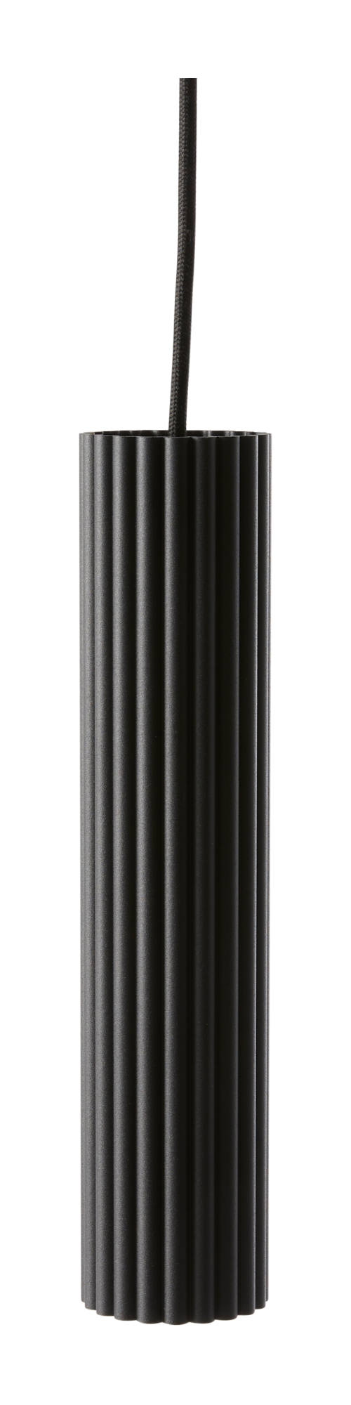 Sort riflede cylindrisk pendel i metal med stofledning, frilagt mod sort baggrund.