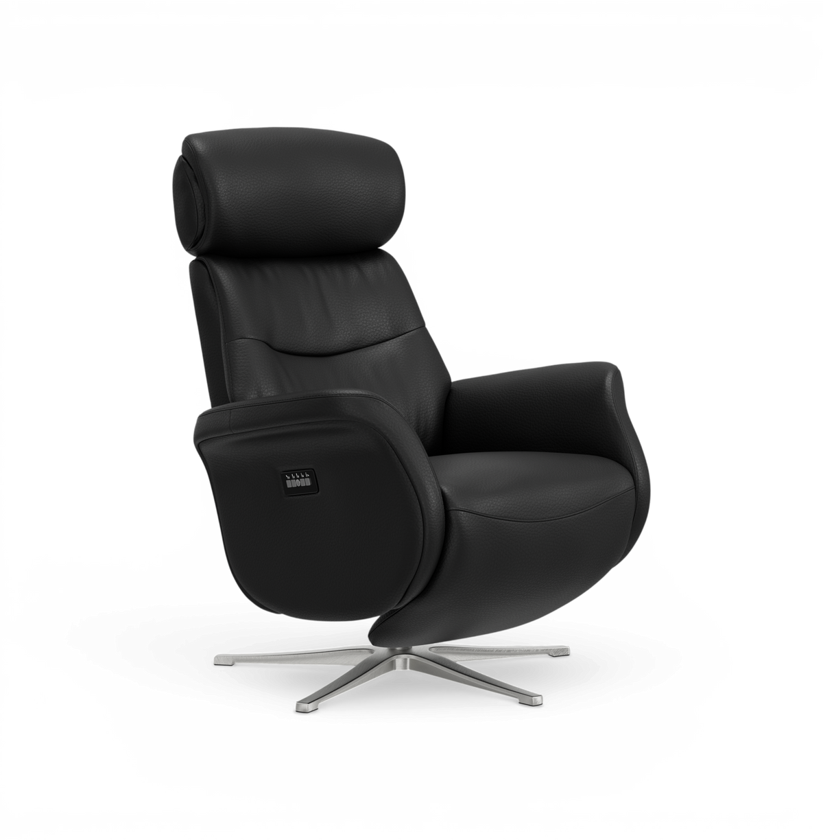 Sort læderlænestol med recliner og drejefunktion, nakkestøtte og metalkrydsfod samt sidekontrolpanel.