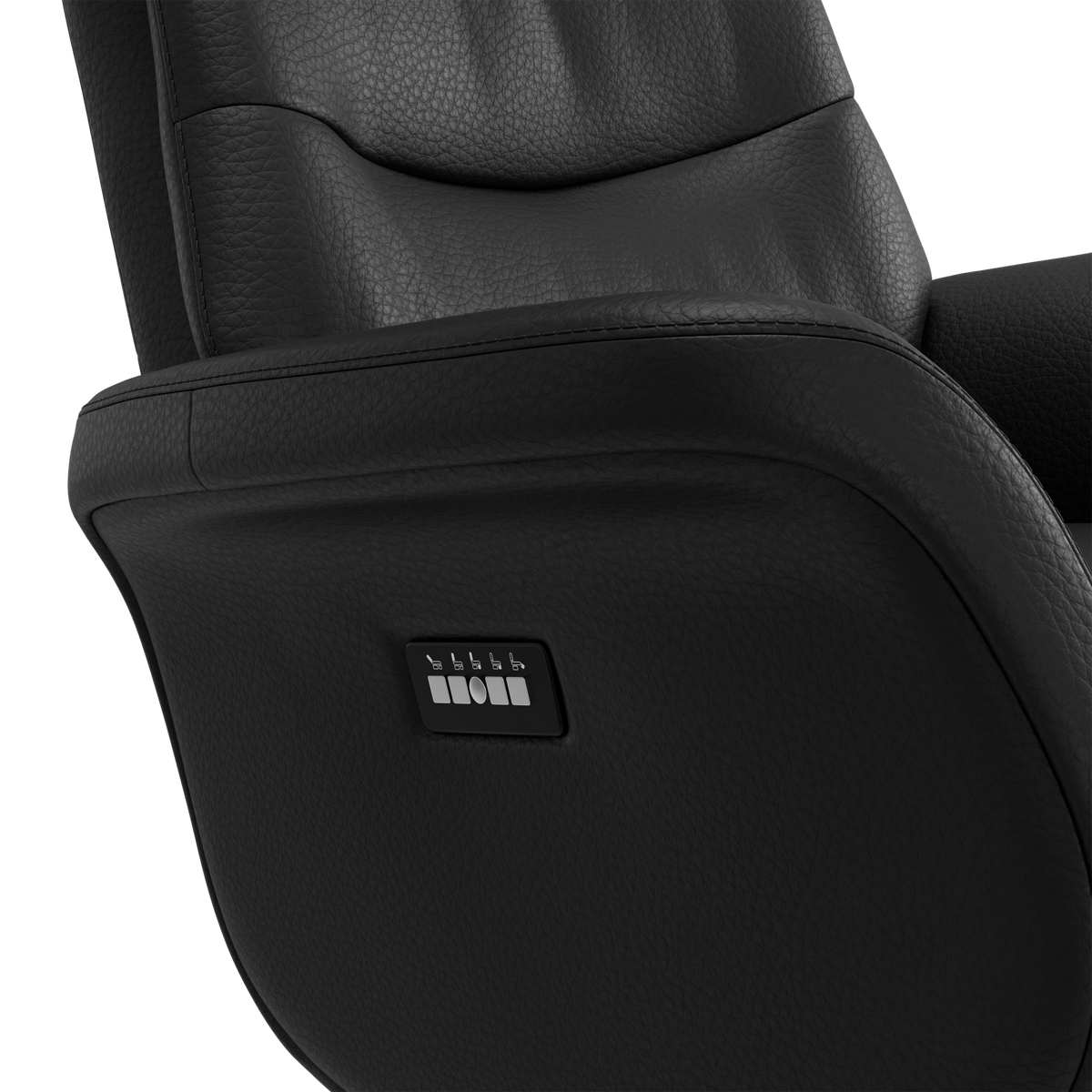 Nærbillede af en sort læderlænestol med indbygget sidepanel med knapper.