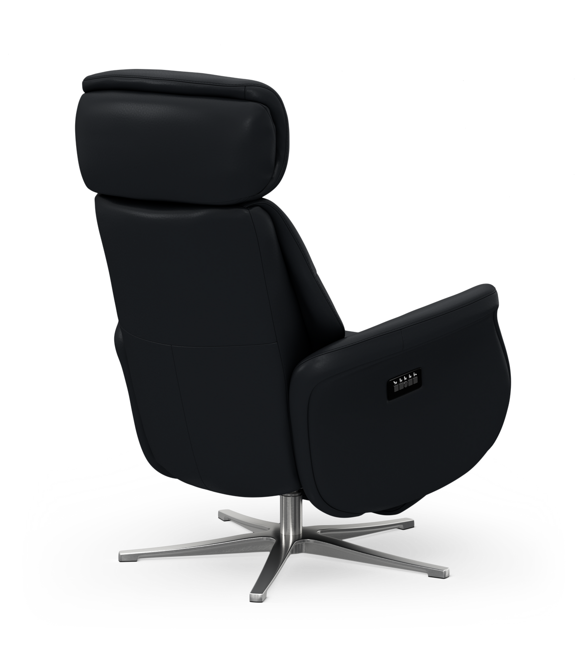 Sort reclinerlænestol i læder set bagfra i trekvart vinkel med metal-krydsfod og indbygget knap-panel.