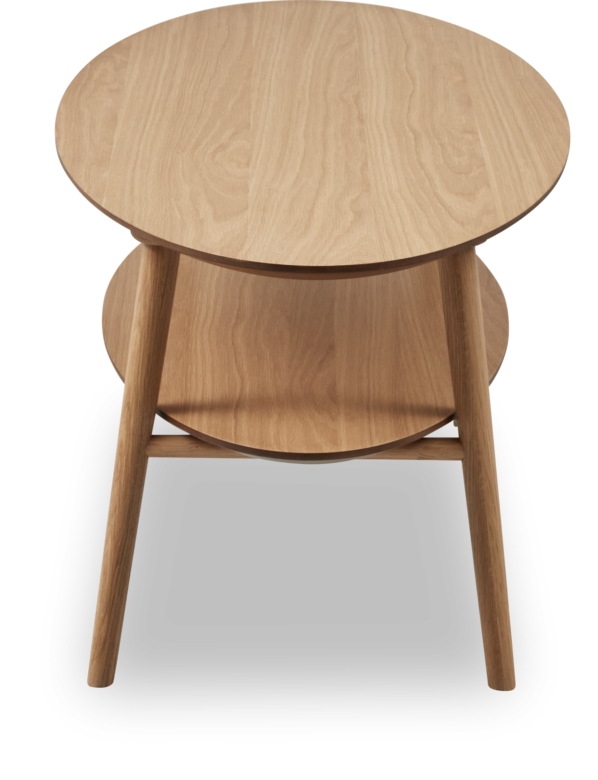 Rundt sidebord i lyst træ med to hylder.