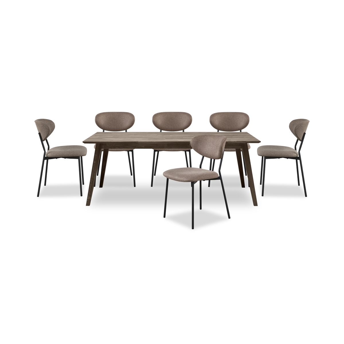 Spisegruppe med rektangulært træbord og seks polstrede stole i beige/brun med sorte metalben.