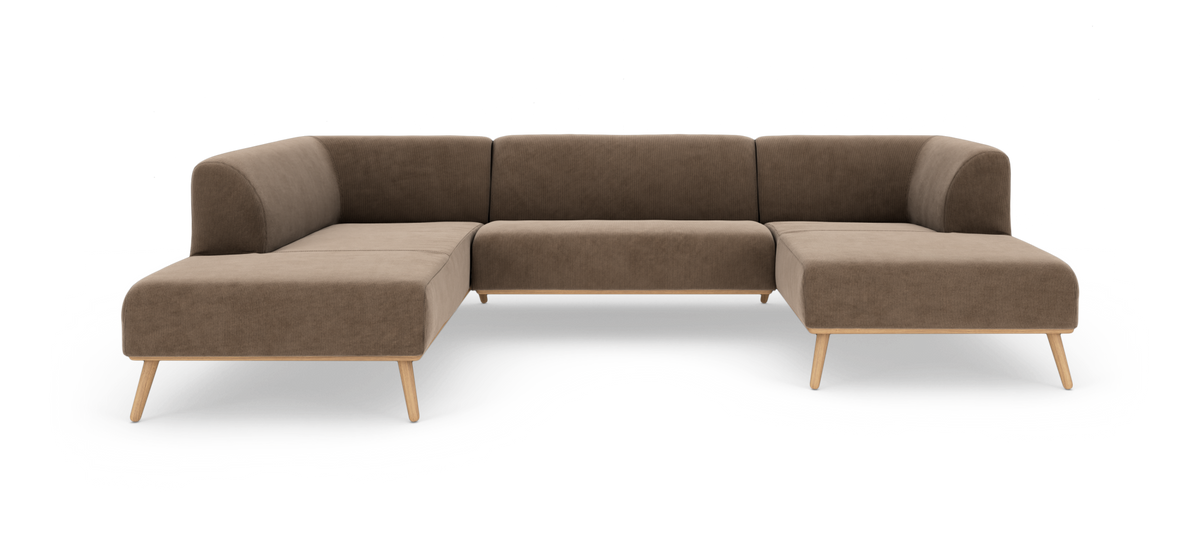 Brun L‑formet modulsofa med træben, frilagt på hvid baggrund.
