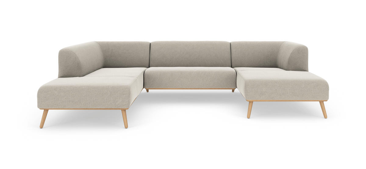 Beige L-formet modulsofa med træben, frilagt på hvid baggrund.