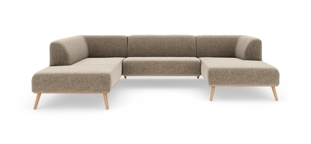 Beige L-formet modulsofa med træben, fritlagt på hvid baggrund.