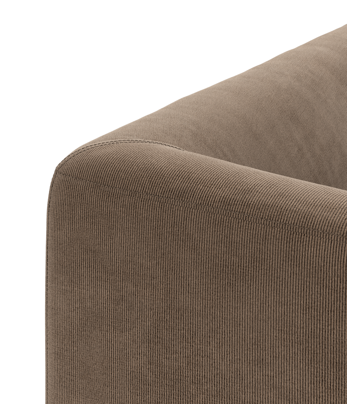 Nærbillede af afrundet sofa-hjørne i brun manchester/corduroy, frilagt på neutral baggrund.