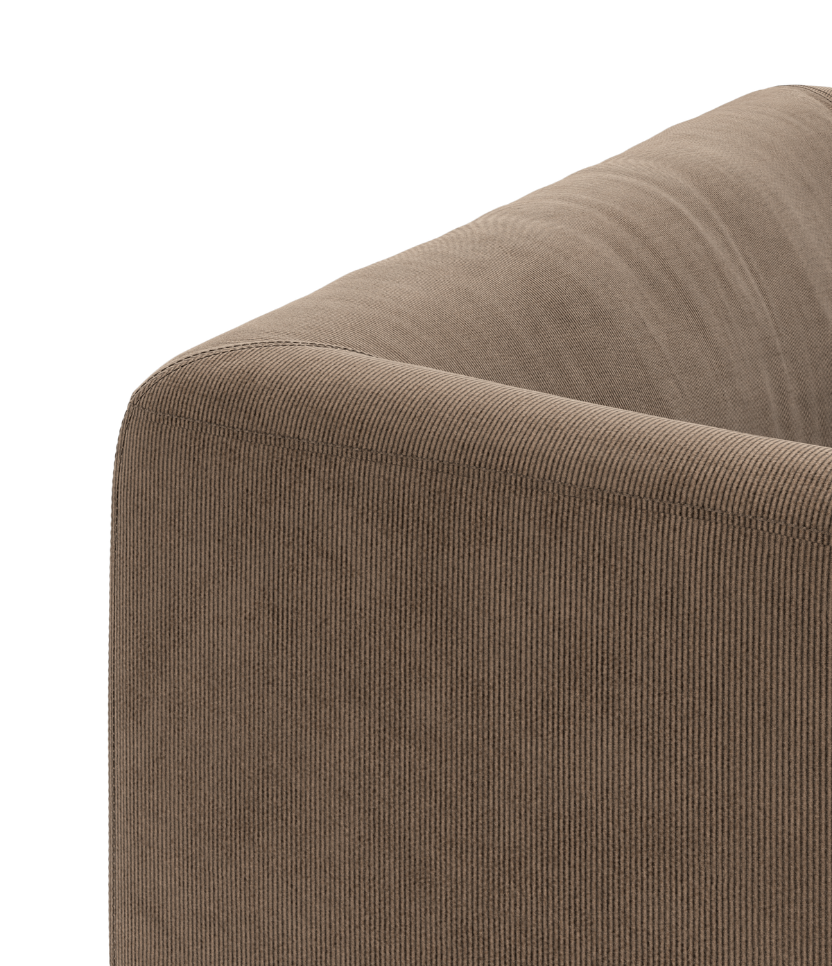 Nærbillede af brun sofa i bredriflet fløjl med afrundet hjørne.