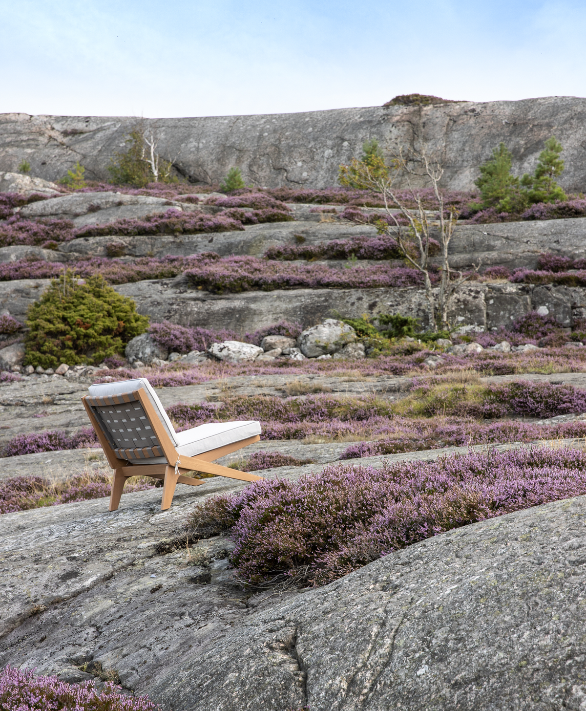 En loungestol i træ med polstring står på klipper omgivet af lilla lyng i dagslys.