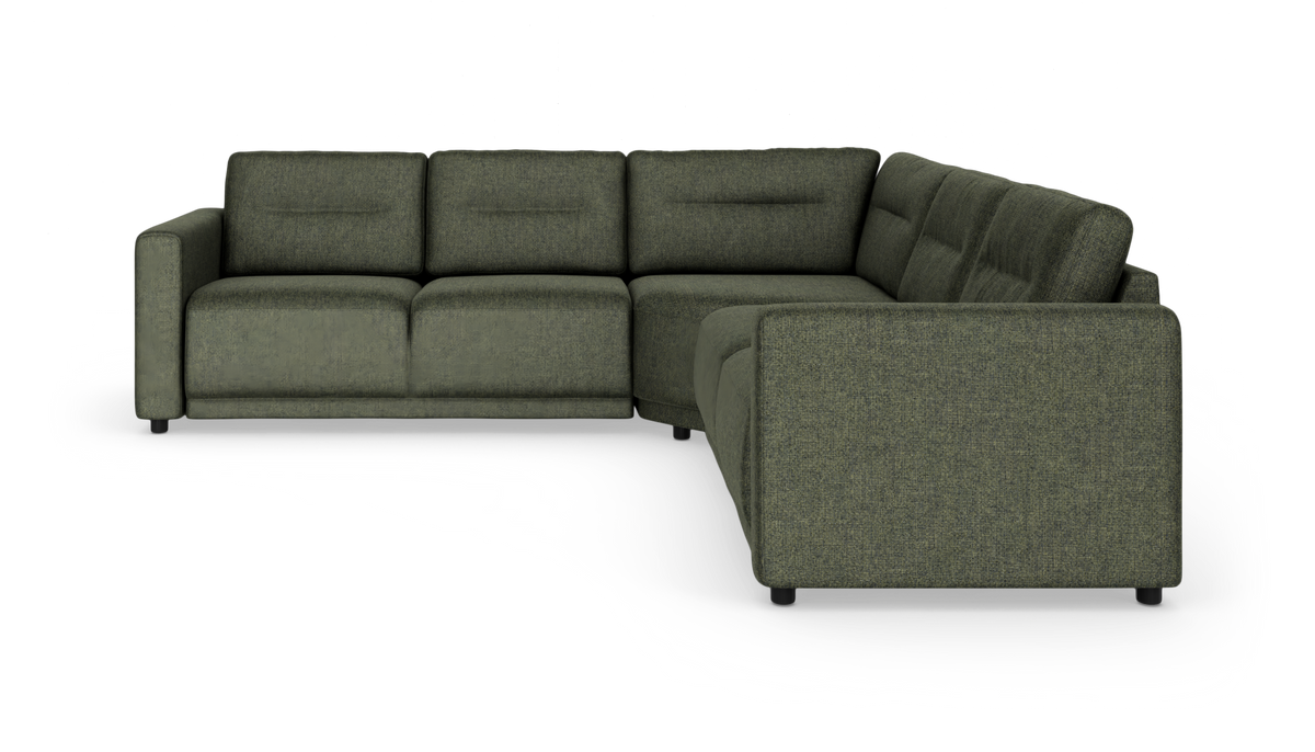 Modulær hjørnesofa i mørkegrønt stof, L‑form med brede armlæn og sorte ben i moderne design.