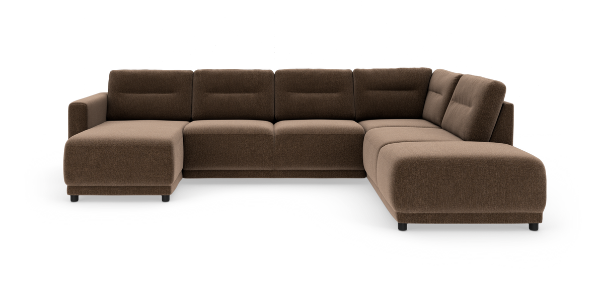 Brun modulsofa i U‑form med chaiselong til venstre, fritlagt på hvid baggrund.