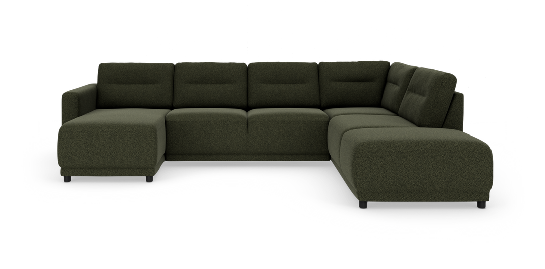 Mørkegrøn modul hjørnesofa med chaiselong til venstre og bred afslutning til højre på hvid baggrund.