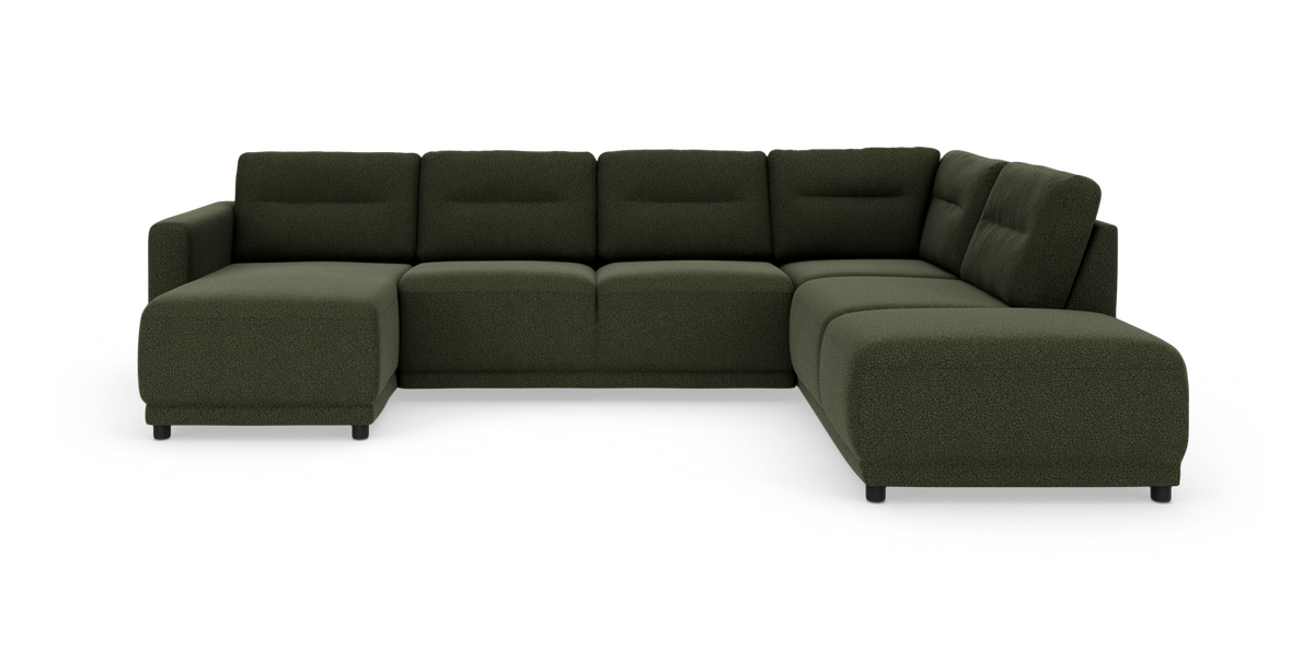 Mørkegrøn modul hjørnesofa med chaiselong til venstre og bred afslutning til højre på hvid baggrund.