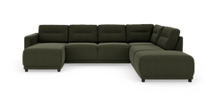 Mørkegrøn modul hjørnesofa med chaiselong til venstre og bred afslutning til højre på hvid baggrund.