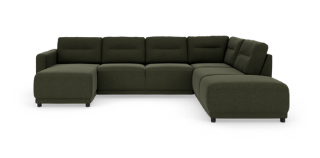 Mørkegrøn modul hjørnesofa med chaiselong til venstre og bred afslutning til højre på hvid baggrund.