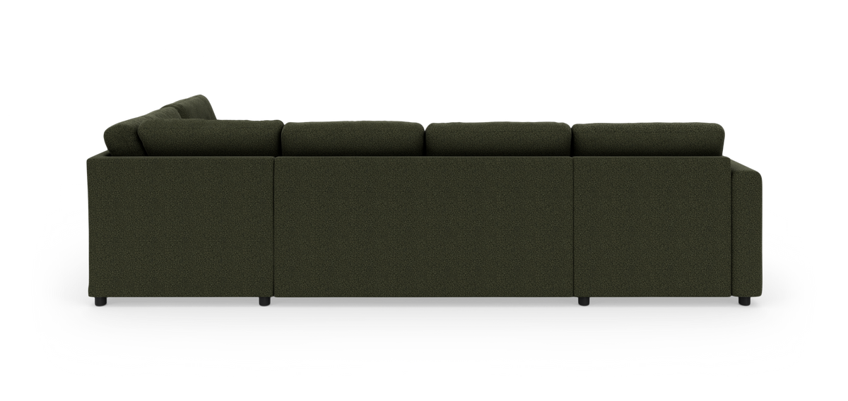 Mørkegrøn modulsofa set bagfra, centreret mod hvid baggrund.