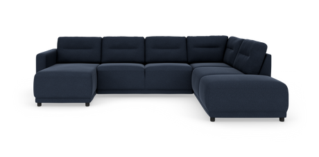 Mørkeblå L-formet modulsofa med chaiselong til venstre og afrundet hjørnesektion, vist på hvid baggrund.
