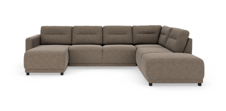 Modulær U-sofa i beige stof med chaiselong til venstre, frilagt på hvid baggrund.