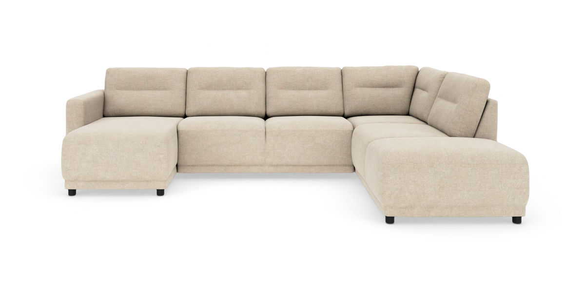 Beige L‑formet modulsofa med chaiselong til venstre og bred divan til højre, fritstående på hvid baggrund.