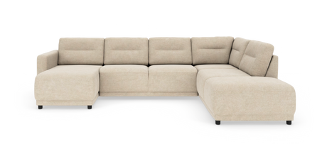 Beige L‑formet modulsofa med chaiselong til venstre og bred divan til højre, fritstående på hvid baggrund.