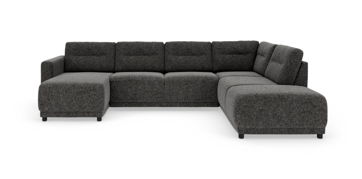 Mørkegrå modulsofa i U‑form på hvid baggrund.