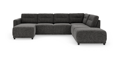 Mørkegrå modulsofa i U‑form på hvid baggrund.