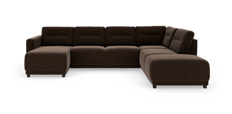 Modulær U-sofa i mørkebrun stofpolstring med chaiselong til venstre og bløde, afrundede hjørner, vist på hvid baggrund.