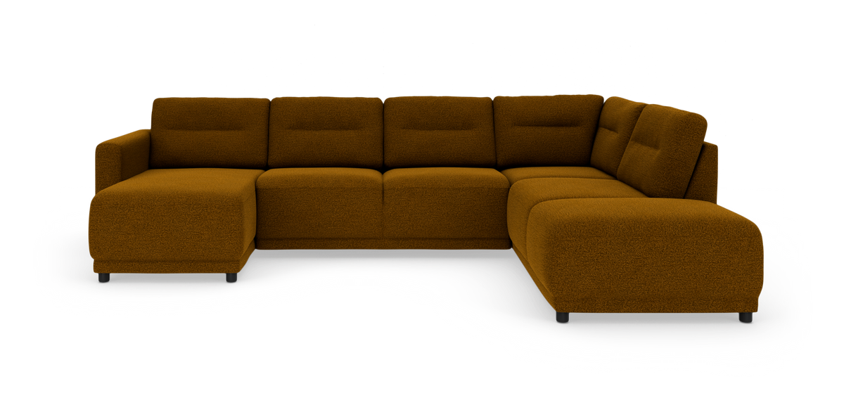 U-formet modulsofa i sennepsgul tekstil på hvid studiebaggrund.