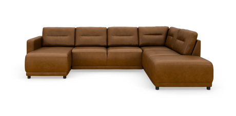 Brun læder hjørnesofa med chaiselong til venstre og bred divandel til højre, frilagt på hvid baggrund.