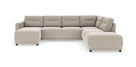 U‑formet modulsofa i beige stof med brede sædehynder og lave sorte ben, set skråt forfra.