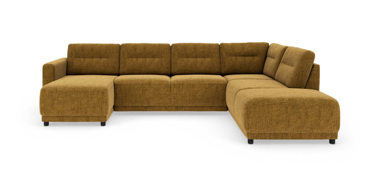 U‑formet modulsofa i sennepsgul tekstil med chaiselong til venstre og divanmodul til højre.
