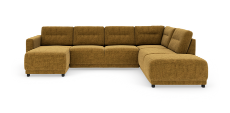 U‑formet modulsofa i sennepsgul tekstil med chaiselong til venstre og divanmodul til højre.