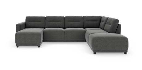 Mørkegrå U‑formet modulsofa med chaiselong til venstre og afrundede kanter, fotograferet mod hvid studiobaggrund.