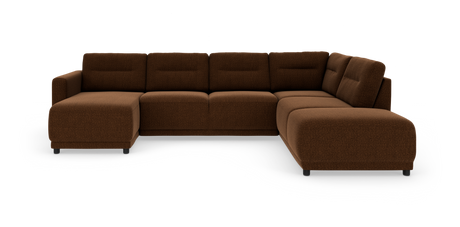 U-formet modulsofa i brun tekstil med venstre chaiselong og rund afslutning på højre side.